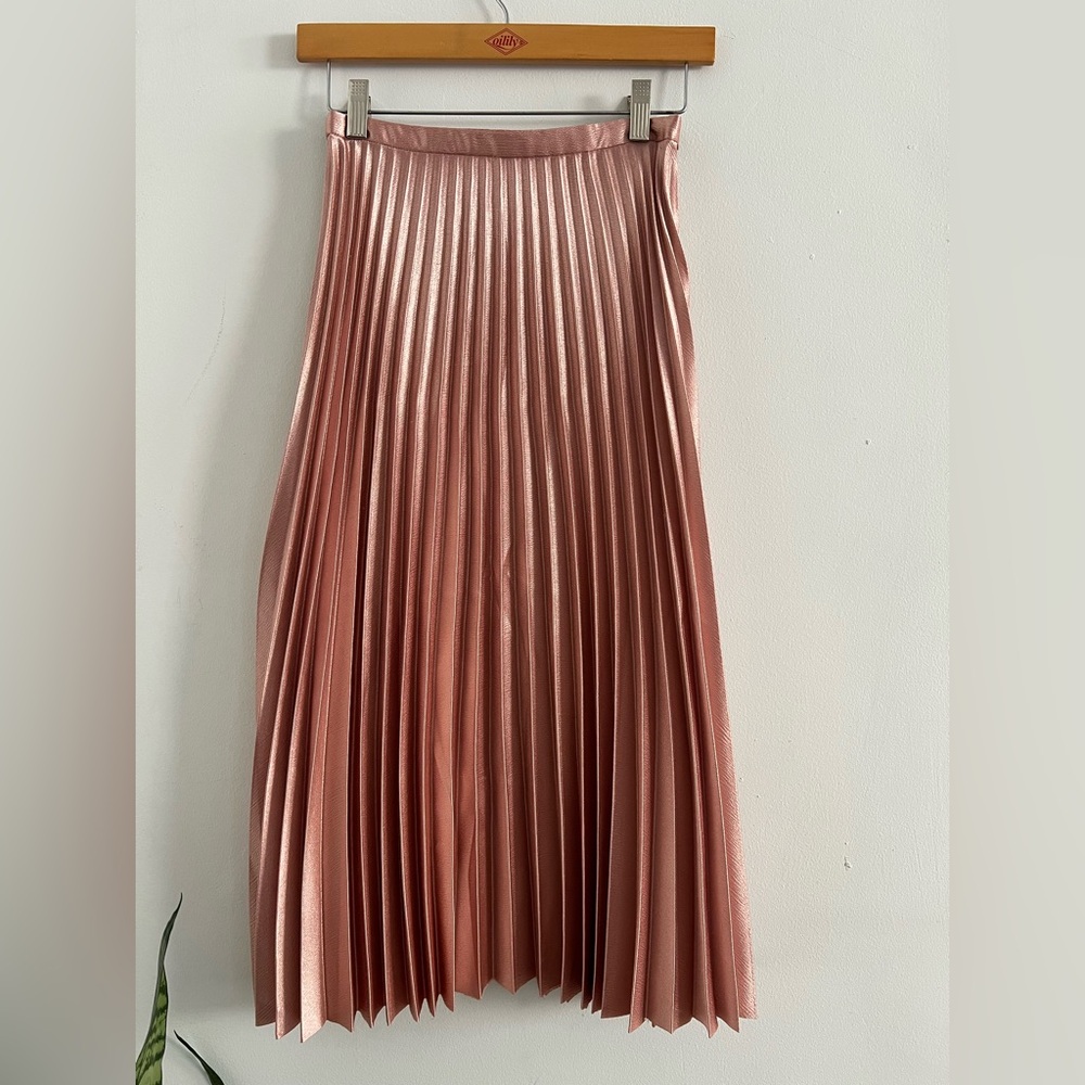 Metallic Rose Pink Pleated Midi Skirt
